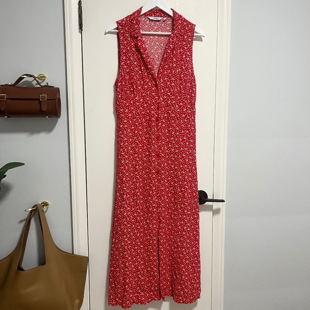 Red Floral Midi Dress - Sleeveless V-Neck